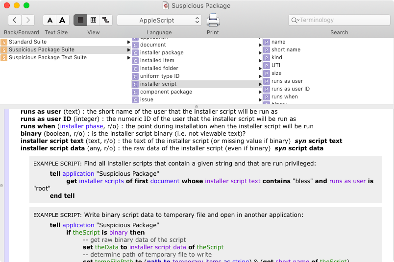 the Suspicious Package scripting dictionary