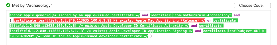 Code Signing Requirement evaluation view