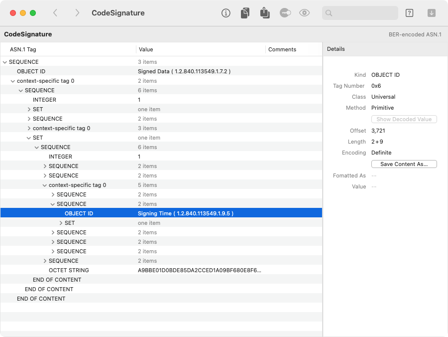 ASN.1 view of code signature CMS