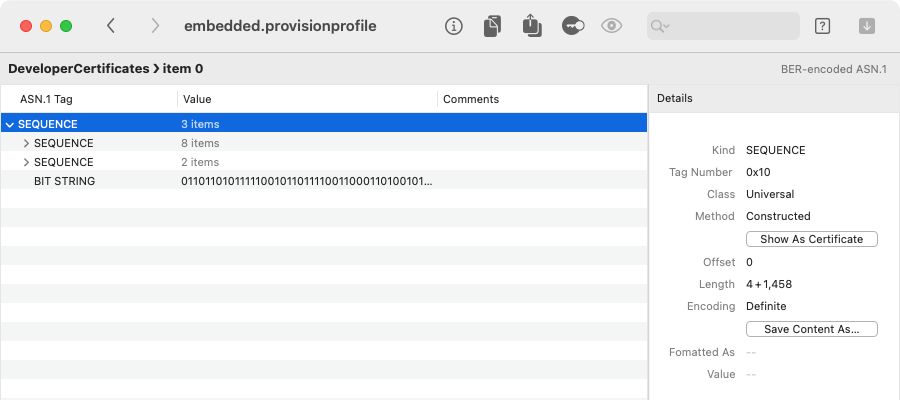 ASN.1 view of provisioning profile certificate