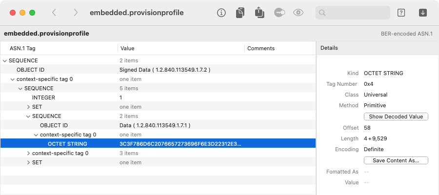ASN.1 view of provisioning profile CMS