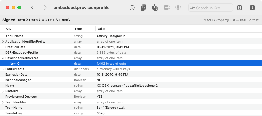 property list view of provisioning profile payload