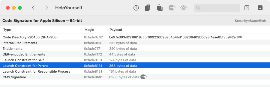 Security::SuperBlob view with launch constraints