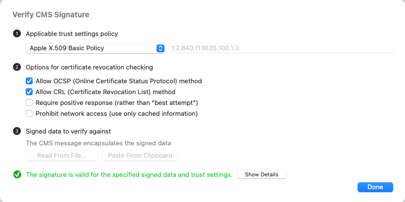 Verify CMS Signature sheet